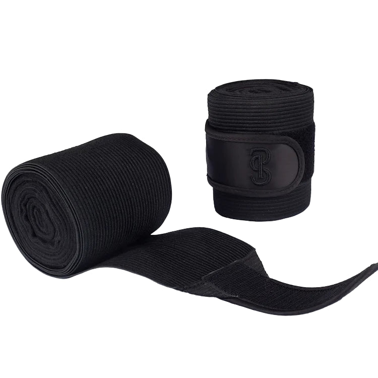 Two rolls of black boxing hand wraps on a white background