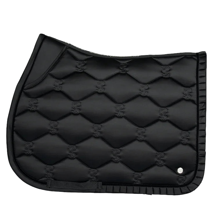 Black quilted saddle pad on a light gray background