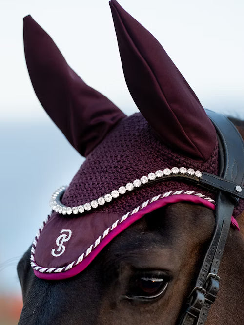 Horse wearing a decorative headstall with a visible brand logo against a blurred background