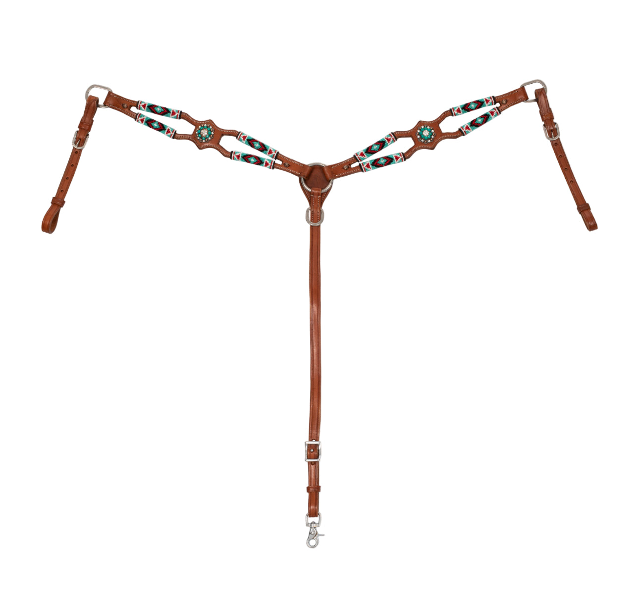 Brown leather horse bridle with decorative elements on a white background